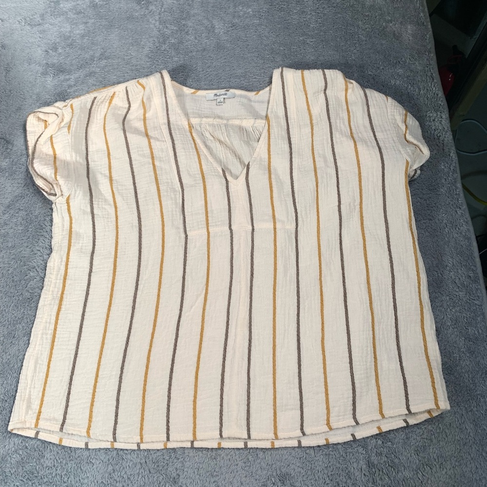 Madewell Cream Striped V-Neck Blouse with Mustard and Taupe Stripes